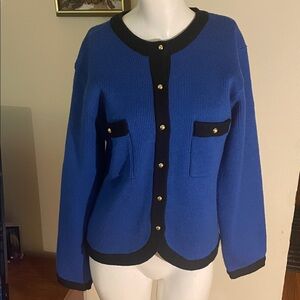 Vintage Brynn Connelly Blue and Black Cardigan with Gold Buttons
